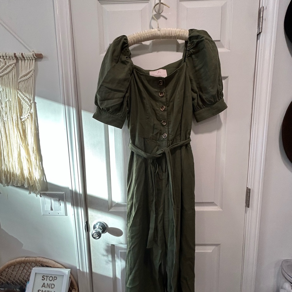 Elegant Olive Green Puff Sleeve Dress